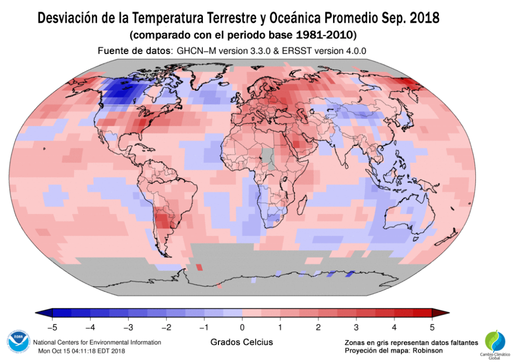 Desviación de la Temperatura Terrestre y Oceánica Promedio Septiembre 2018 Anomalía térmica